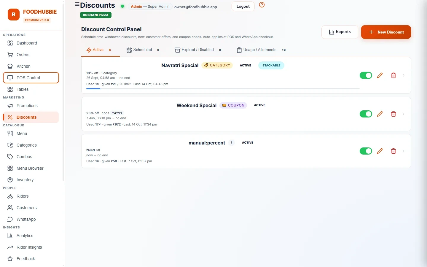 FoodHubbie ERP discount and promotion management interface