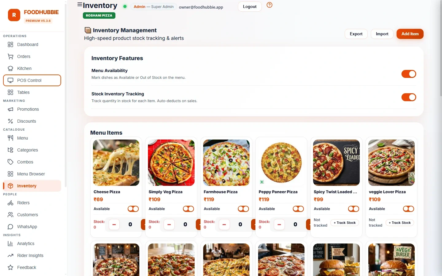 FoodHubbie ERP inventory management — stock levels and CSV import