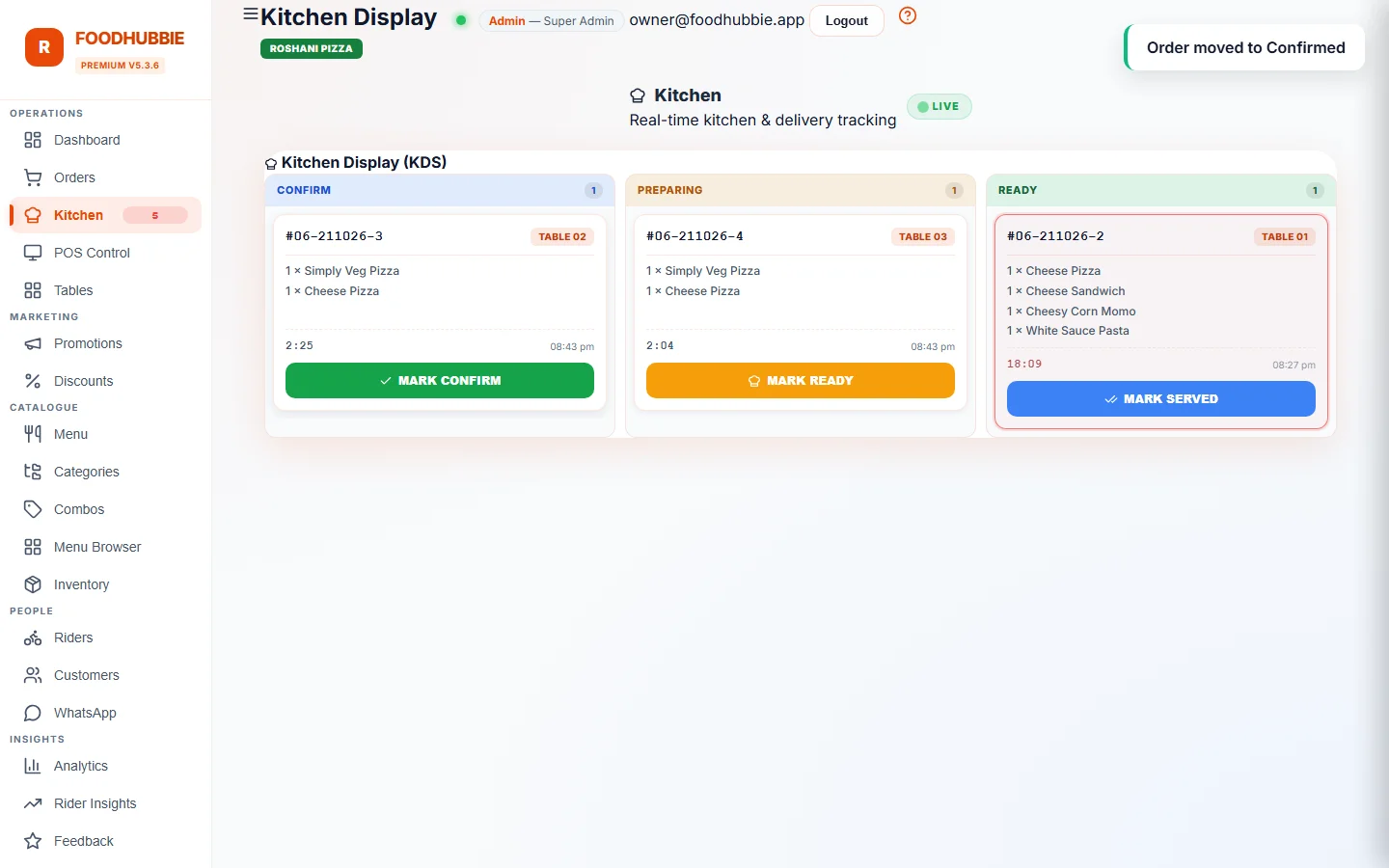 FoodHubbie ERP live orders — monitor incoming orders in real time