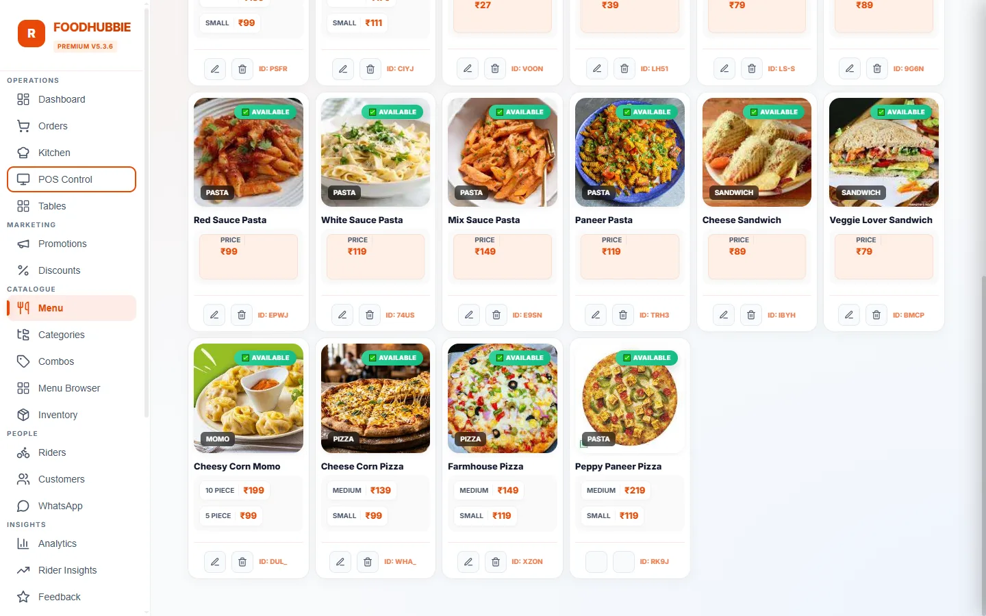 FoodHubbie ERP menu availability and stock tracking