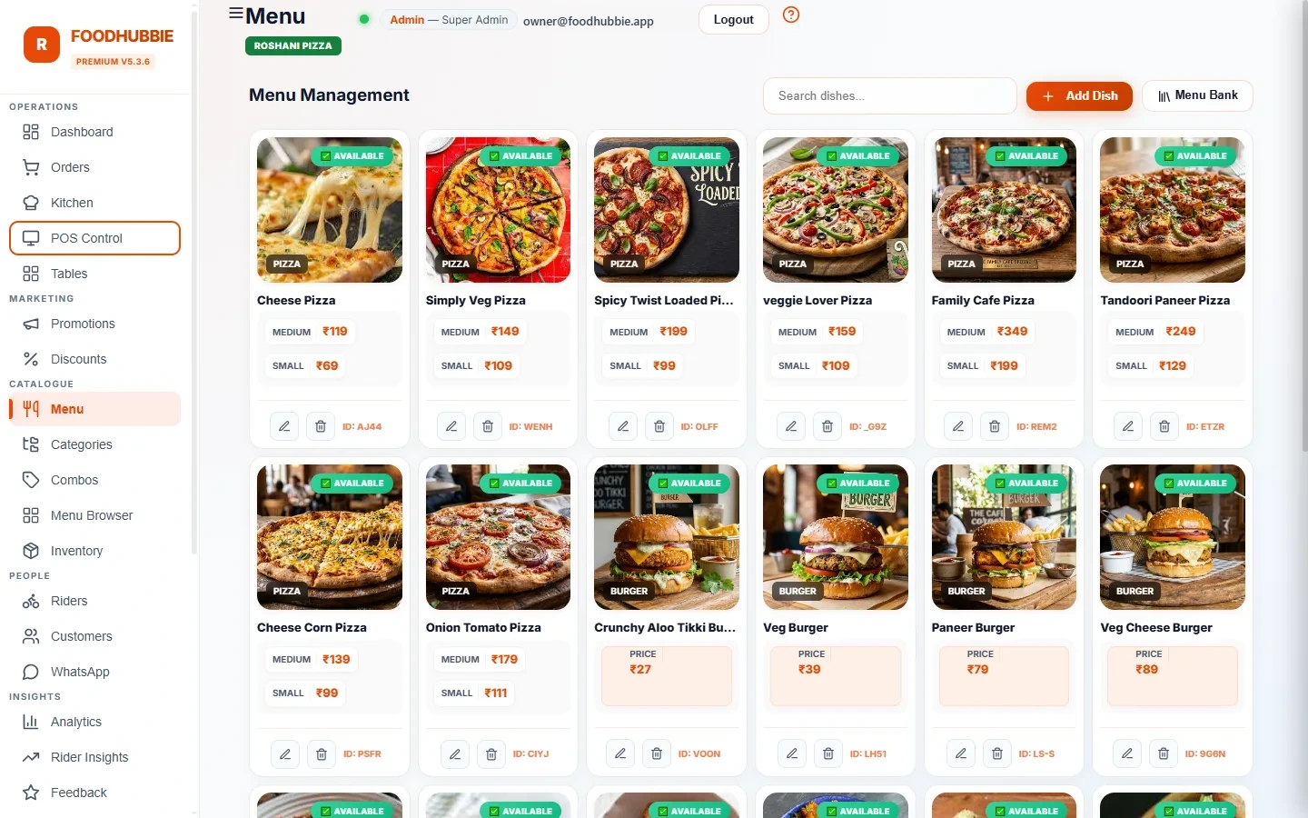FoodHubbie ERP menu management — categories, items, pricing