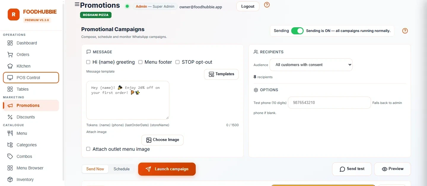 FoodHubbie ERP WhatsApp bulk messaging campaign interface